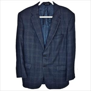 Jos A Bank Wool Sport Coat 44L Navy‎ Blue Gray Windowpane Plaid Gordon Blazer